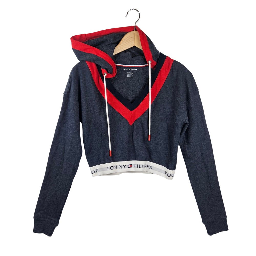 Tommy Hilfiger Cropped Hoodie Sweatshirt Womens XS Gray Red V-Neck Spellout Logo